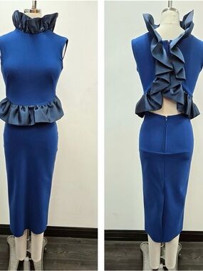 Greta Constantine F16 Zahra Navy Ruffle Peplum Maxi Dress